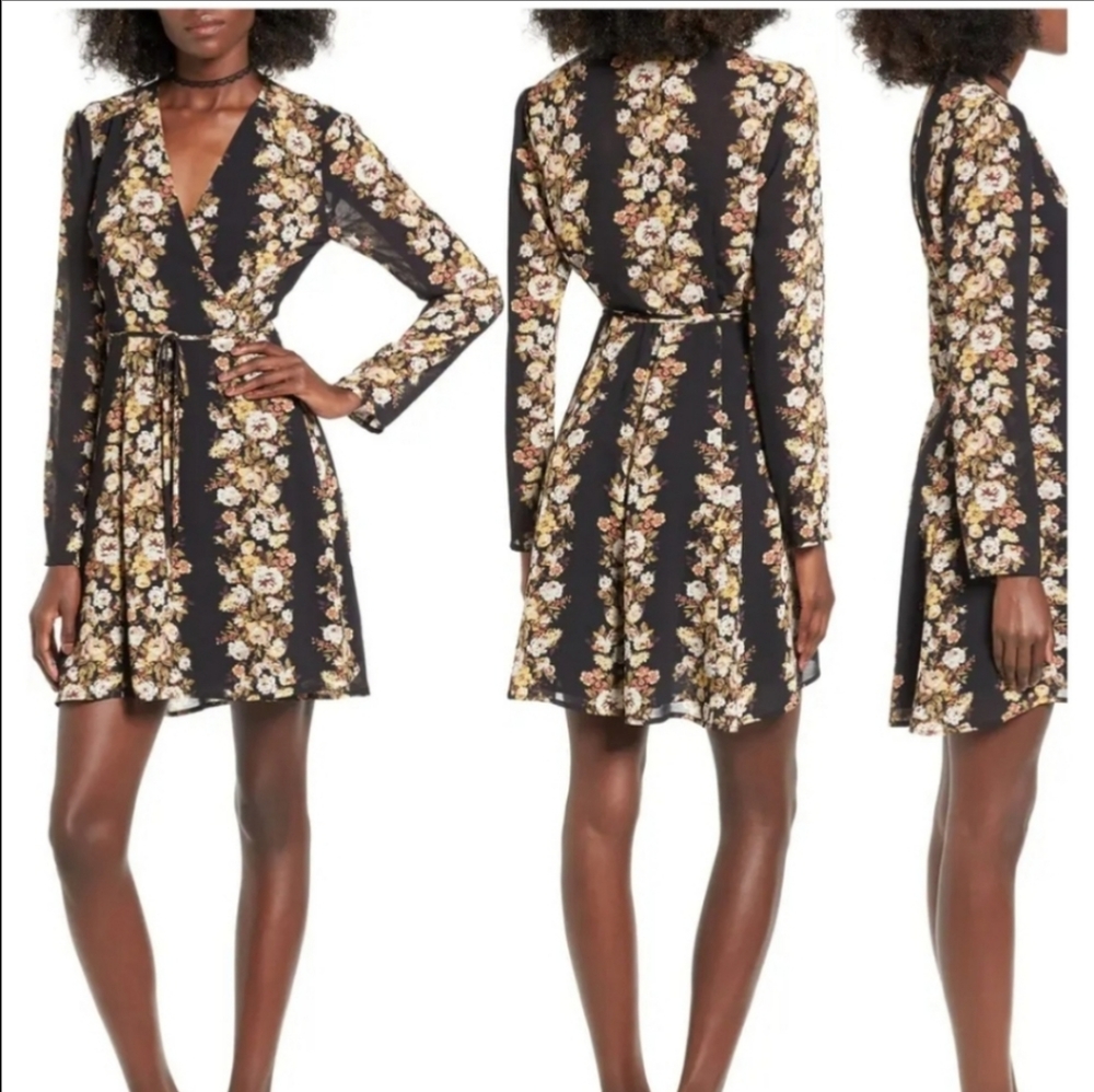 Wayfa Oleander Floral Boho Wrap Long Sleeve Mini Dress - Picture 1 of 7
